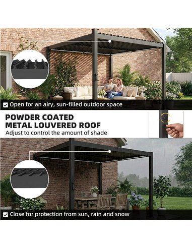 Outsunny 3 x 3 m Louvered Pergola with Solar LED lights, Metal Roof, Patio Gazebo Pergola Canopy with Drainage Gutters, Black