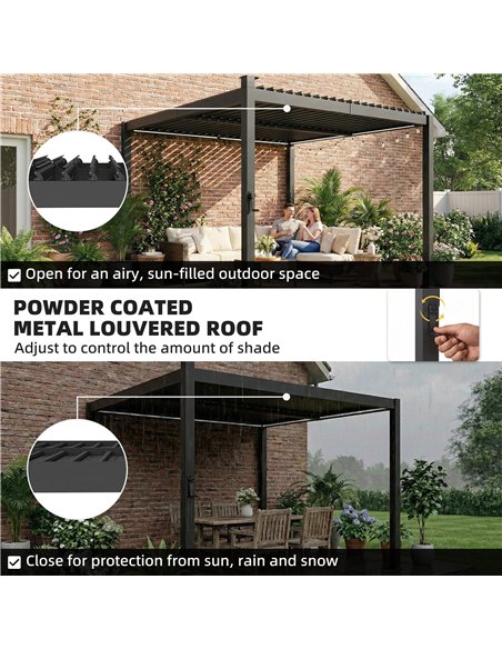Outsunny 3 x 3 m Louvered Pergola with Solar LED lights, Metal Roof, Patio Gazebo Pergola Canopy with Drainage Gutters, Black - pic 186264 | FastDaddyshop