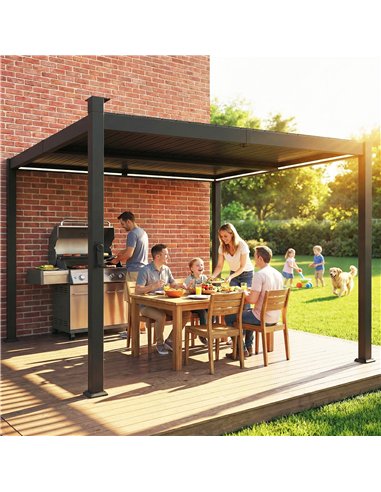 Outsunny 3 x 3 m Louvered Pergola with Solar LED lights, Metal Roof, Patio Gazebo Pergola Canopy with Drainage Gutters, Black