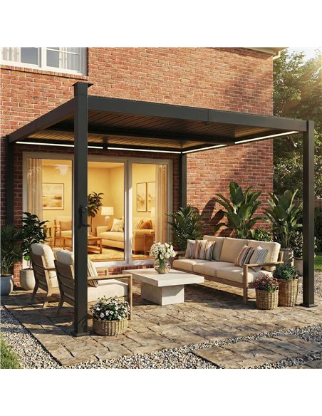 Outsunny 3 x 3 m Louvered Pergola with Solar LED lights, Metal Roof, Patio Gazebo Pergola Canopy with Drainage Gutters, Black - pic 186268 | FastDaddyshop