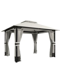 Outsunny 3 x 3.6 m Outdoor Garden Gazebo with Netting and Curtains, Double Roof Patio Gazebo Permanent Pavilion, Light Grey