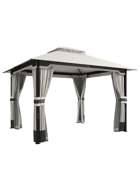 Outsunny 3 x 3.6 m Outdoor Garden Gazebo with Netting and Curtains, Double Roof Patio Gazebo Permanent Pavilion, Light Grey - pic 186269 | FastDaddyshop