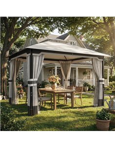 Outsunny 3 x 3.6 m Outdoor Garden Gazebo with Netting and Curtains, Double Roof Patio Gazebo Permanent Pavilion, Light Grey 2