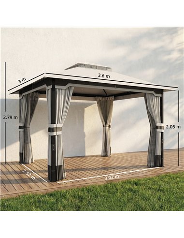 Outsunny 3 x 3.6 m Outdoor Garden Gazebo with Netting and Curtains, Double Roof Patio Gazebo Permanent Pavilion, Light Grey
