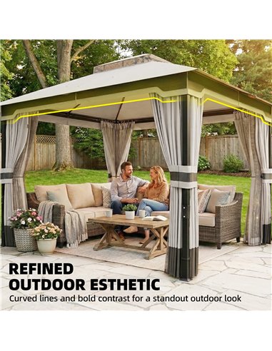 Outsunny 3 x 3.6 m Outdoor Garden Gazebo with Netting and Curtains, Double Roof Patio Gazebo Permanent Pavilion, Light Grey