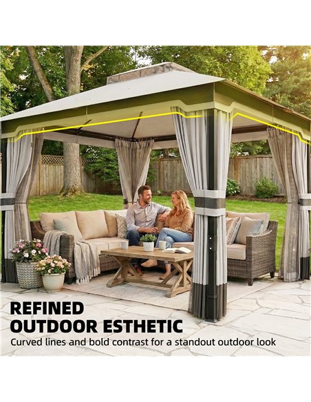 Outsunny 3 x 3.6 m Outdoor Garden Gazebo with Netting and Curtains, Double Roof Patio Gazebo Permanent Pavilion, Light Grey - pic 186273 | FastDaddyshop