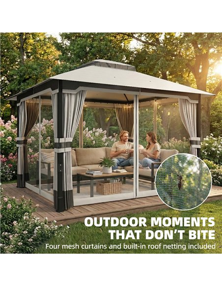 Outsunny 3 x 3.6 m Outdoor Garden Gazebo with Netting and Curtains, Double Roof Patio Gazebo Permanent Pavilion, Light Grey - pic 186275 | FastDaddyshop