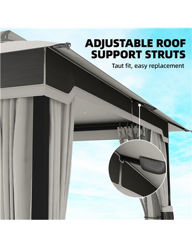Outsunny 3 x 3.6 m Outdoor Garden Gazebo with Netting and Curtains, Double Roof Patio Gazebo Permanent Pavilion, Light Grey