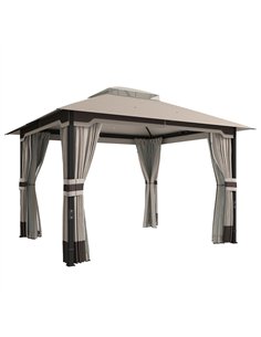 Outsunny 3 x 3.6 m Outdoor Garden Gazebo with Netting and Curtains, Double Roof Patio Gazebo Permanent Pavilion, Khaki