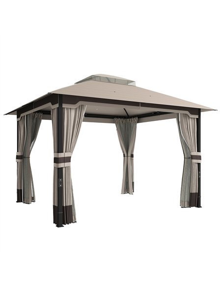 Outsunny 3 x 3.6 m Outdoor Garden Gazebo with Netting and Curtains, Double Roof Patio Gazebo Permanent Pavilion, Khaki - pic 186278 | FastDaddyshop