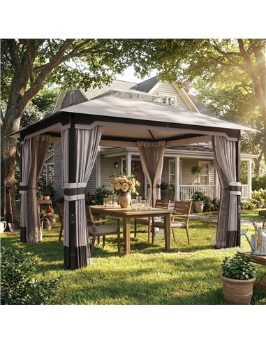 Outsunny 3 x 3.6 m Outdoor Garden Gazebo with Netting and Curtains, Double Roof Patio Gazebo Permanent Pavilion, Khaki