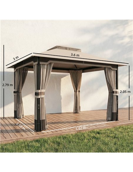 Outsunny 3 x 3.6 m Outdoor Garden Gazebo with Netting and Curtains, Double Roof Patio Gazebo Permanent Pavilion, Khaki - pic 186280 | FastDaddyshop