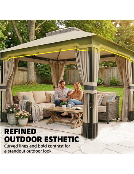 Outsunny 3 x 3.6 m Outdoor Garden Gazebo with Netting and Curtains, Double Roof Patio Gazebo Permanent Pavilion, Khaki - pic 186282 | FastDaddyshop