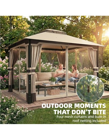 Outsunny 3 x 3.6 m Outdoor Garden Gazebo with Netting and Curtains, Double Roof Patio Gazebo Permanent Pavilion, Khaki