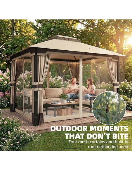 Outsunny 3 x 3.6 m Outdoor Garden Gazebo with Netting and Curtains, Double Roof Patio Gazebo Permanent Pavilion, Khaki - pic 186284 | FastDaddyshop