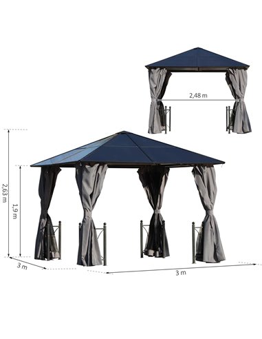 Outsunny 3x3m Gazebo with Polycarbonate Roof, Steel & Aluminium Frame, Curtains, Black