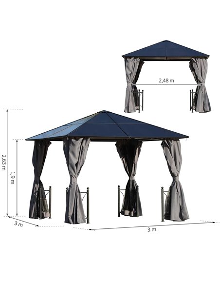 Outsunny 3x3m Gazebo with Polycarbonate Roof, Steel & Aluminium Frame, Curtains, Black - pic 18631 | FastDaddyshop