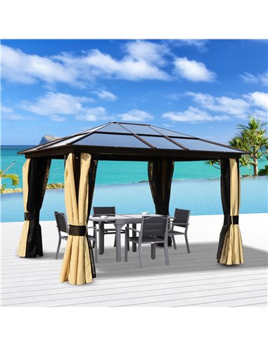 Outsunny 3.6x3m Polycarbonate Hardtop Gazebo with LED Solar Light, Aluminium Frame, Curtains