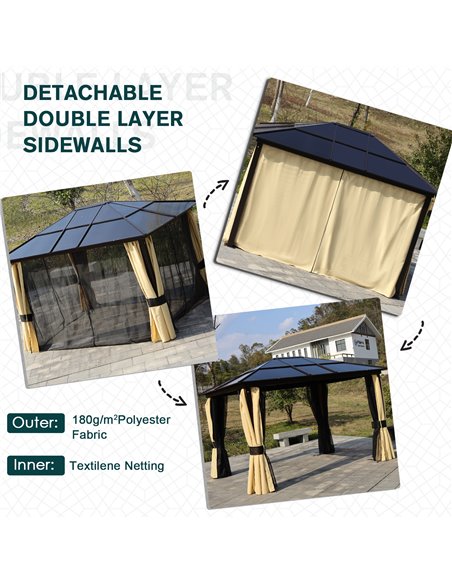 Outsunny 3.6x3m Polycarbonate Hardtop Gazebo with LED Solar Light, Aluminium Frame, Curtains - pic 18642 | FastDaddyshop