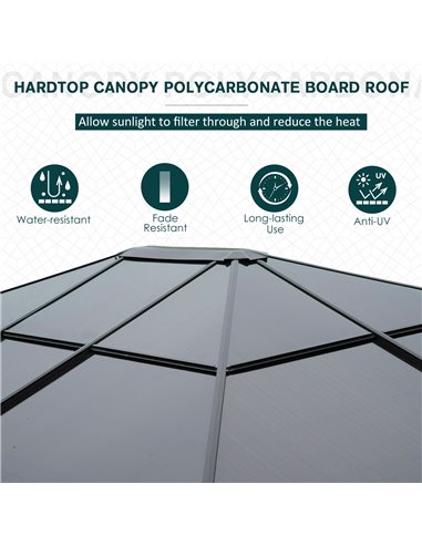 Outsunny 3.6x3m Polycarbonate Hardtop Gazebo with LED Solar Light, Aluminium Frame, Curtains