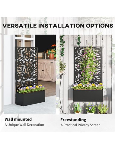 Outsunny Metal Garden Bed with Trellis, Wall Mounted or Freestanding Raised Planter with Privacy Panel, Black
