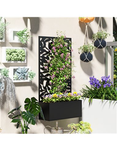 Outsunny Metal Garden Bed with Trellis, Wall Mounted or Freestanding Raised Planter with Privacy Panel, Black