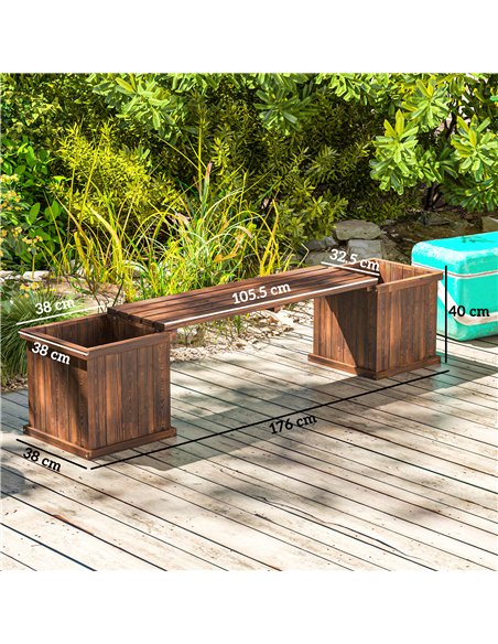 Outsunny Wooden Garden Planter & Bench Combination Garden Raised Bed Patio Park Carbonised Finish 176 x 38 x 40 cm - pic 186496 | FastDaddyshop