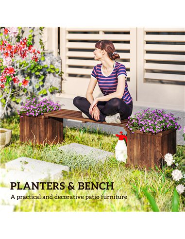 Outsunny Wooden Garden Planter & Bench Combination Garden Raised Bed Patio Park Carbonised Finish 176 x 38 x 40 cm