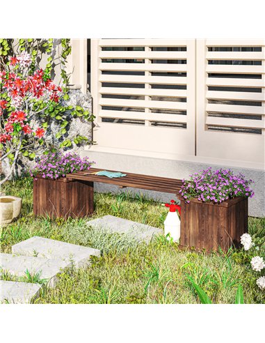 Outsunny Wooden Garden Planter & Bench Combination Garden Raised Bed Patio Park Carbonised Finish 176 x 38 x 40 cm