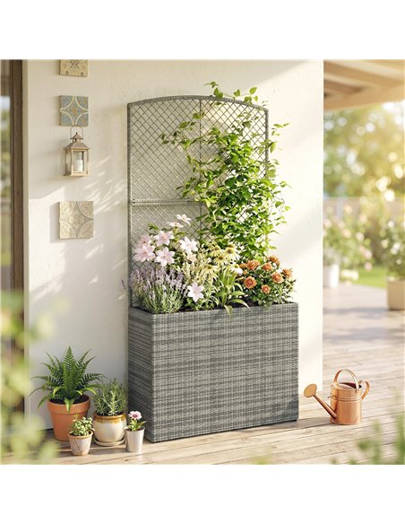 Outsunny Rattan Planter with Trellis, Raised Beds for Garden with Liner for Climbing Plants Vegetables Flowers, Dark Grey - pic 186558 | FastDaddyshop