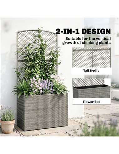 Outsunny Rattan Planter with Trellis, Raised Beds for Garden with Liner for Climbing Plants Vegetables Flowers, Dark Grey