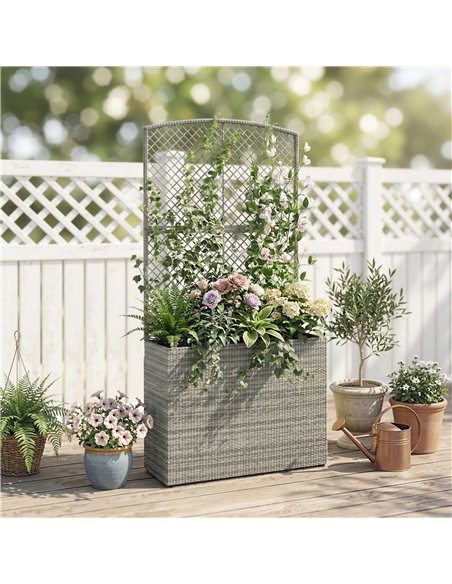 Outsunny Rattan Planter with Trellis, Raised Beds for Garden with Liner for Climbing Plants Vegetables Flowers, Dark Grey - pic 186565 | FastDaddyshop