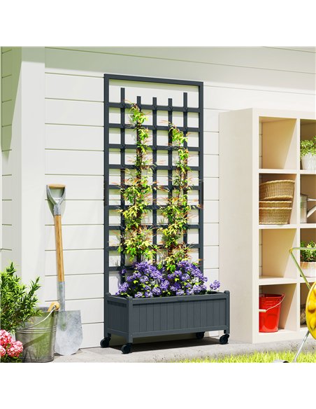 Outsunny Wooden Trellis Planter, Raised Garden Bed with Wheels, to Climb and Grow Vegetables, Herbs and Flowers, Grey - pic 186567 | FastDaddyshop