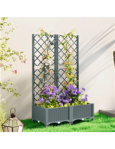 Outsunny Raised Garden Bed with Trellis, Plastic Planter Box with Drainage Holes, Drain Plugs and Water Reservoirs for Climbing 
