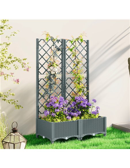 Outsunny Raised Garden Bed with Trellis, Plastic Planter Box with Drainage Holes, Drain Plugs and Water Reservoirs for Climbing  - pic 186576 | FastDaddyshop