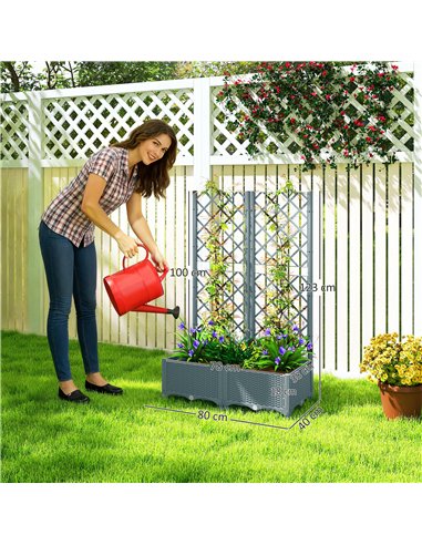 Outsunny Raised Garden Bed with Trellis, Plastic Planter Box with Drainage Holes, Drain Plugs and Water Reservoirs for Climbing 