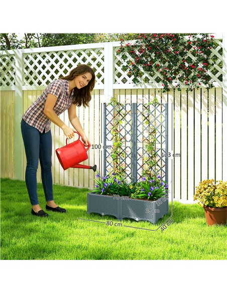 Outsunny Raised Garden Bed with Trellis, Plastic Planter Box with Drainage Holes, Drain Plugs and Water Reservoirs for Climbing  - pic 186577 | FastDaddyshop