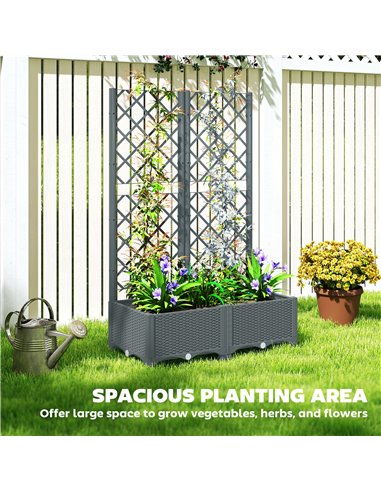 Outsunny Raised Garden Bed with Trellis, Plastic Planter Box with Drainage Holes, Drain Plugs and Water Reservoirs for Climbing 