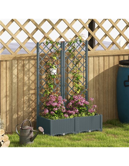 Outsunny Raised Garden Bed with Trellis, Plastic Planter Box with Drainage Holes, Drain Plugs and Water Reservoirs for Climbing  - pic 186582 | FastDaddyshop
