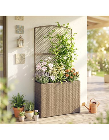 Outsunny Rattan Planter with Trellis, Raised Beds for Garden with Liner for Climbing Plants Vegetables Flowers, Light Grey