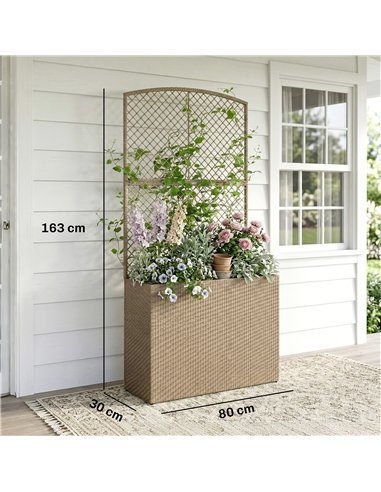 Outsunny Rattan Planter with Trellis, Raised Beds for Garden with Liner for Climbing Plants Vegetables Flowers, Light Grey