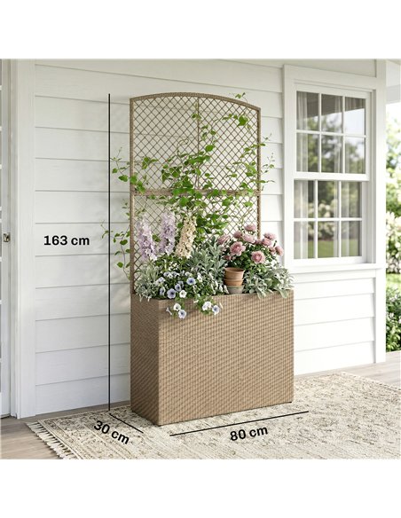 Outsunny Rattan Planter with Trellis, Raised Beds for Garden with Liner for Climbing Plants Vegetables Flowers, Light Grey - pic 186649 | FastDaddyshop