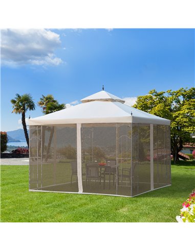 Outsunny 3x3m Garden Gazebo with Double Top, Mesh Curtain, Beige