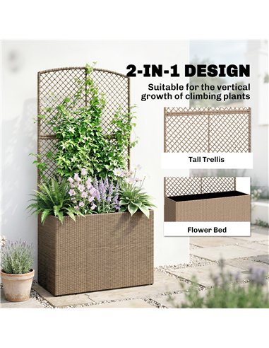 Outsunny Rattan Planter with Trellis, Raised Beds for Garden with Liner for Climbing Plants Vegetables Flowers, Light Grey