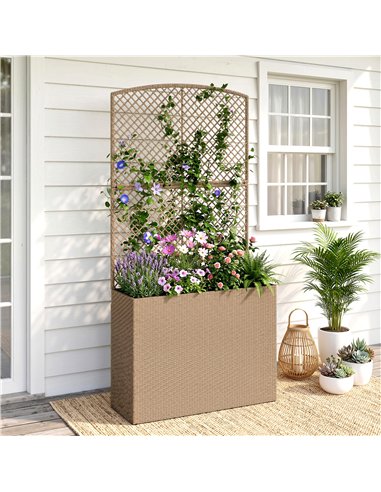 Outsunny Rattan Planter with Trellis, Raised Beds for Garden with Liner for Climbing Plants Vegetables Flowers, Light Grey