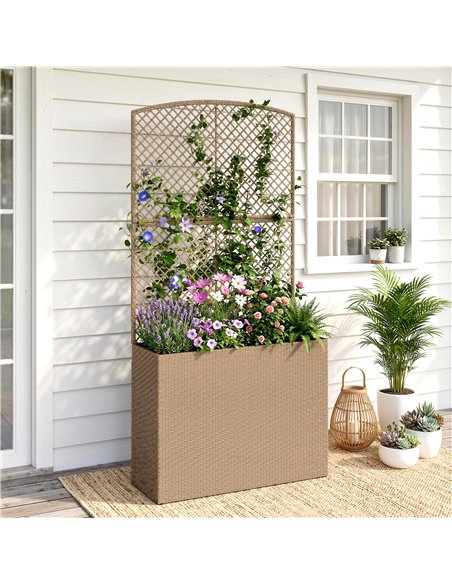 Outsunny Rattan Planter with Trellis, Raised Beds for Garden with Liner for Climbing Plants Vegetables Flowers, Light Grey - pic 186654 | FastDaddyshop