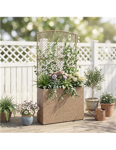 Outsunny Rattan Planter with Trellis, Raised Beds for Garden with Liner for Climbing Plants Vegetables Flowers, Light Grey