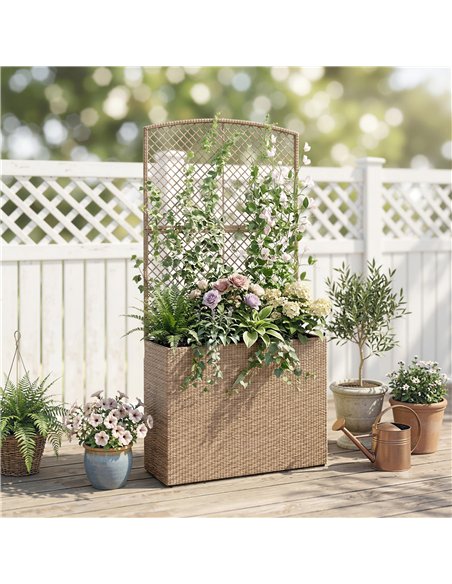 Outsunny Rattan Planter with Trellis, Raised Beds for Garden with Liner for Climbing Plants Vegetables Flowers, Light Grey - pic 186655 | FastDaddyshop