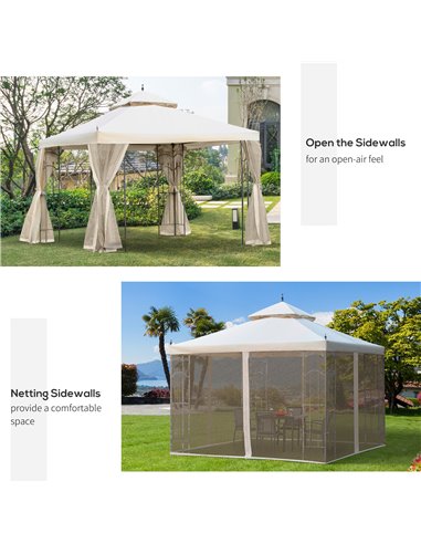 Outsunny 3x3m Garden Gazebo with Double Top, Mesh Curtain, Beige