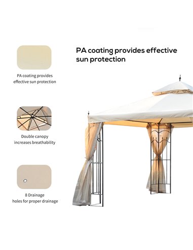 Outsunny 3x3m Garden Gazebo with Double Top, Mesh Curtain, Beige